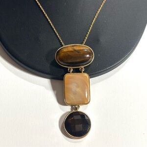 Lia Sophia Dynasty Pendant Necklace Tiger Eye MOP & Faceted Bead Gold Tone Chain